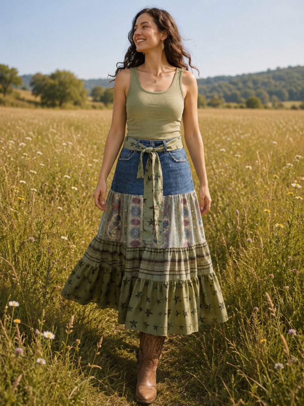 Upcycled OOAK Sz W34 (14/16) Levis Blue Denim Ruffle Skirt Olive Plaid Tiered